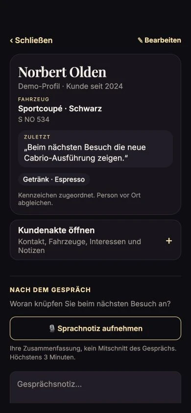 App-Demo: Kundenprofil mit dem letzten Gesprächsthema