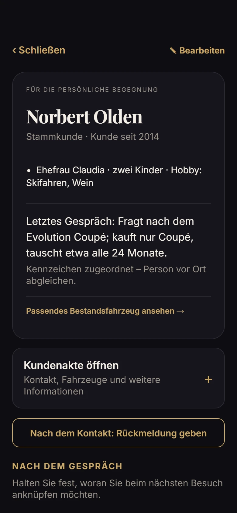 App-Demo: Kundenprofil mit dem letzten Gesprächsthema